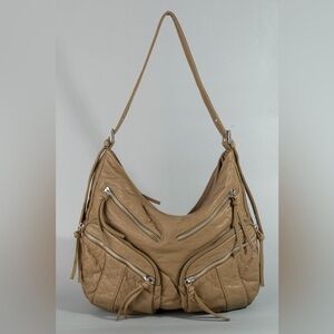 Fame Multi Zipper Pocket Vegan Leather Hobo Bag